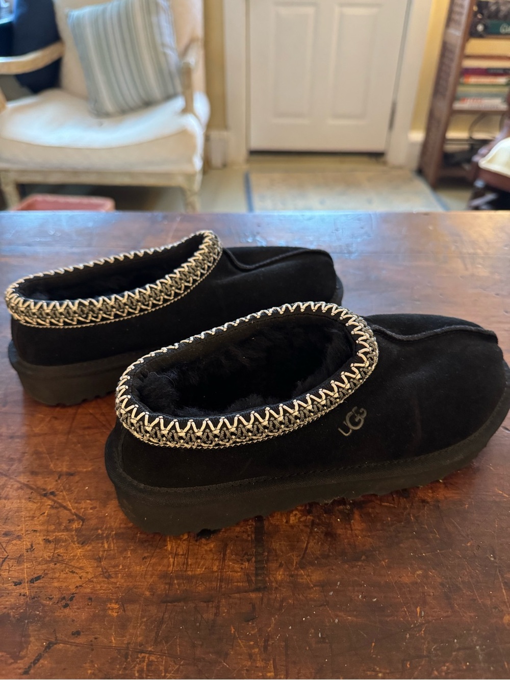 UGG Kids Black Suede Slip-On Clog Slippers with Braided Trim